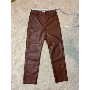 Wilfred Free Aritzia Vegan Leather Pants High‎ Waist Straight Leg Brown Trousers